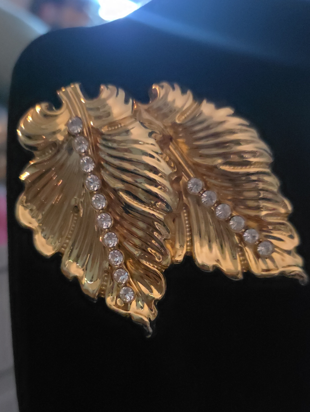 Vintage Gold Leaf Brooch with Clear Crystal Accents